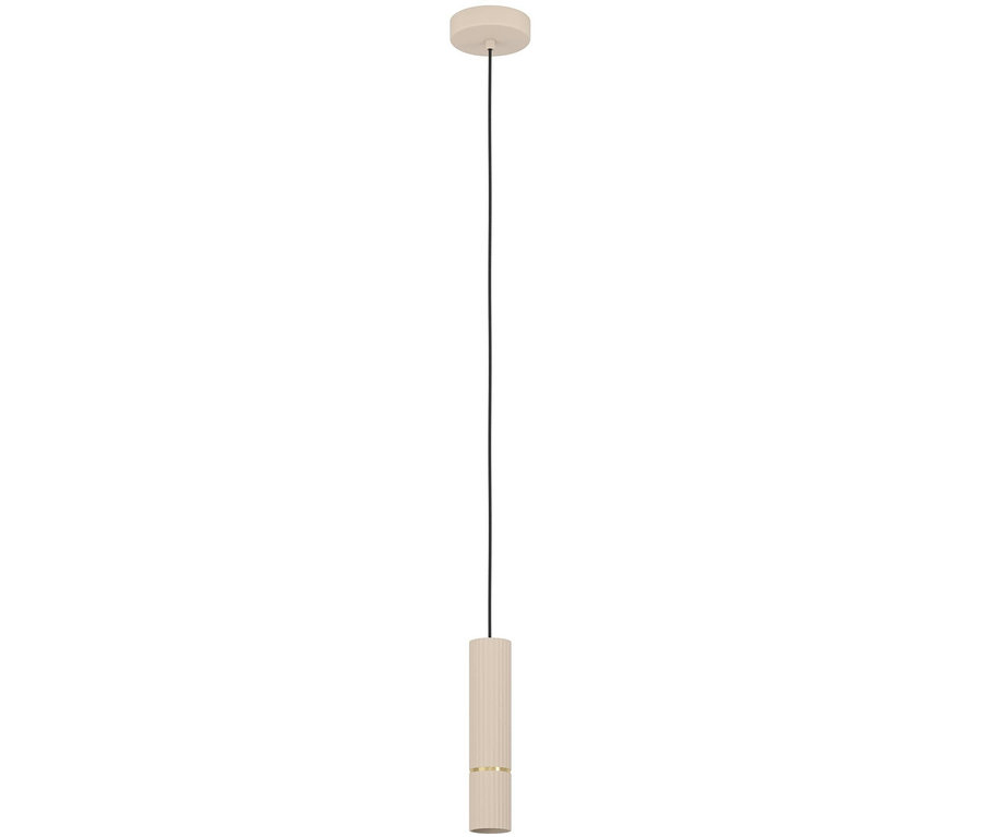 Beige zylindrische Pendelleuchte mit schwarzem Kabel.