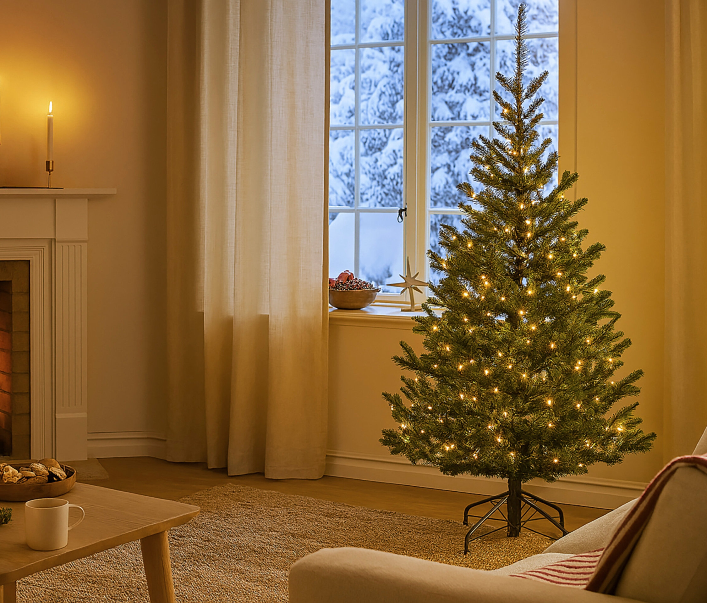 Im Wohnzimmer steht ein beleuchteter Weihnachtsbaum vor einem Fenster mit Winterlandschaft. Im Hintergrund befinden sich ein Kamin und ein Tisch mit Keksen und einer Tasse.