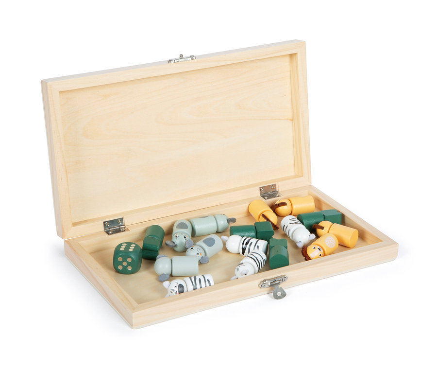 Offener Holzkasten mit dem small foot Ludo »Safari« Spiel und Tierfiguren.
