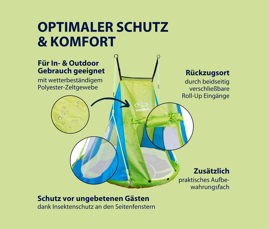 Grünes und blaues HUDORA Nestschaukel-Zelt Cosy Castle 110 mit Moskitonetz.