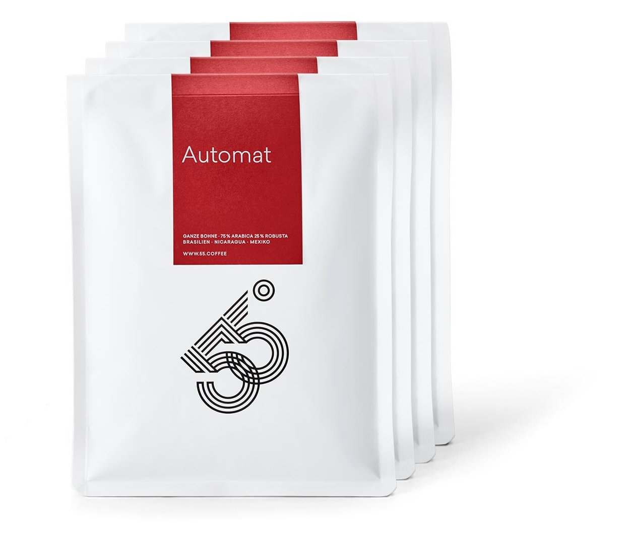 Vier weiße Packungen 55 Degrees - Automat Caffè Crema - 4x 1 kg Ganze Bohne Kaffee, hintereinander angeordnet.