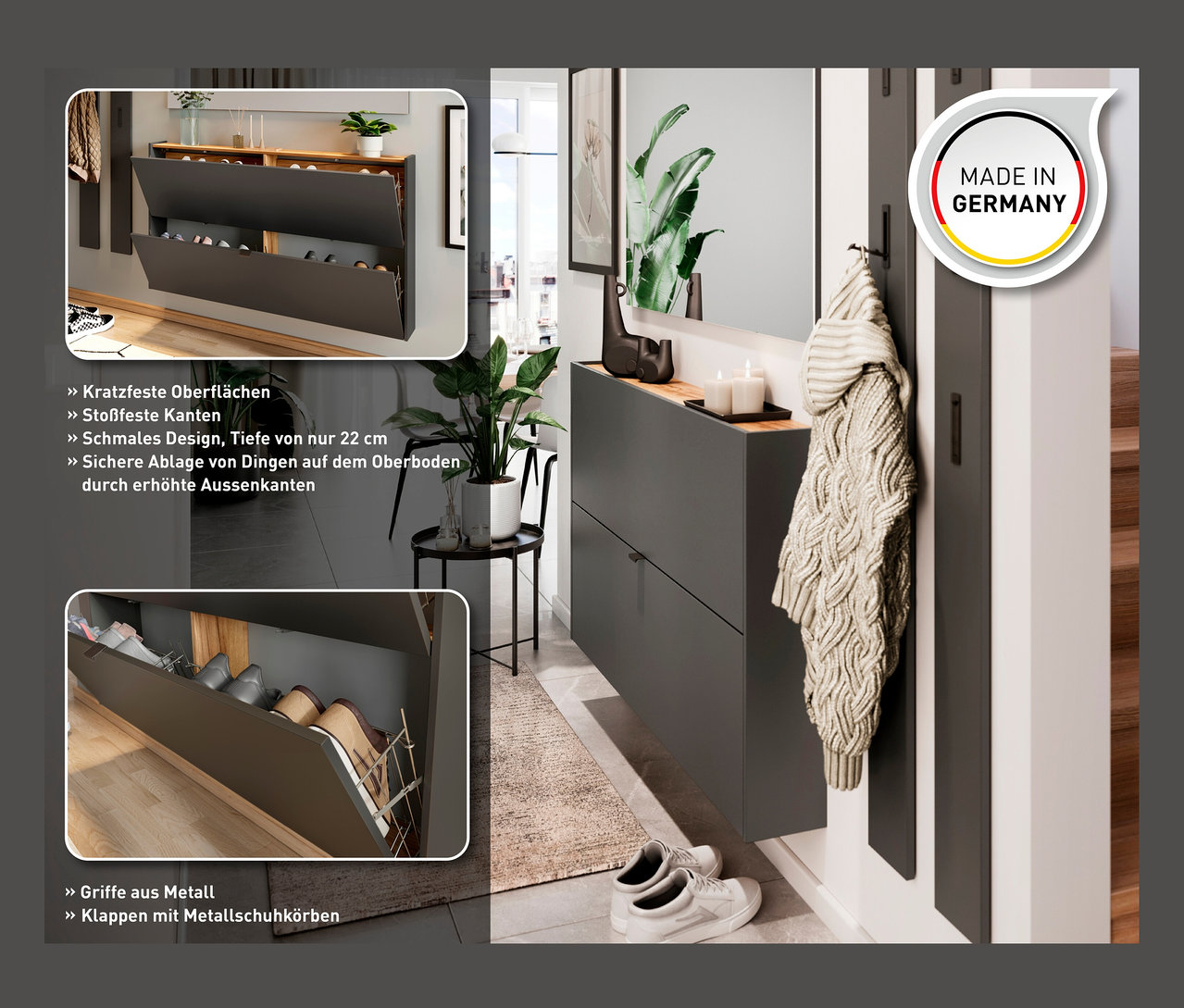 Grauer Schuhkipper »Aalborg« mit Klapptüren und Holzplatte, daneben hängen ein Mantel und ein Spiegel an der Wand.