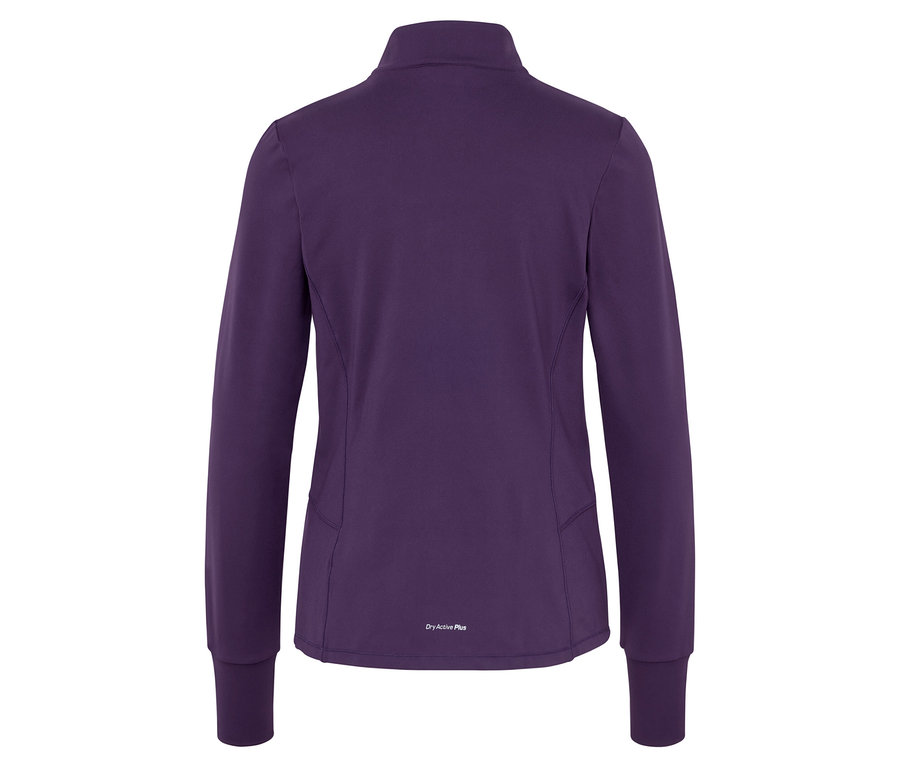 Lila, langärmlige Sportjacke mit Reißverschluss auf der Rückseite.