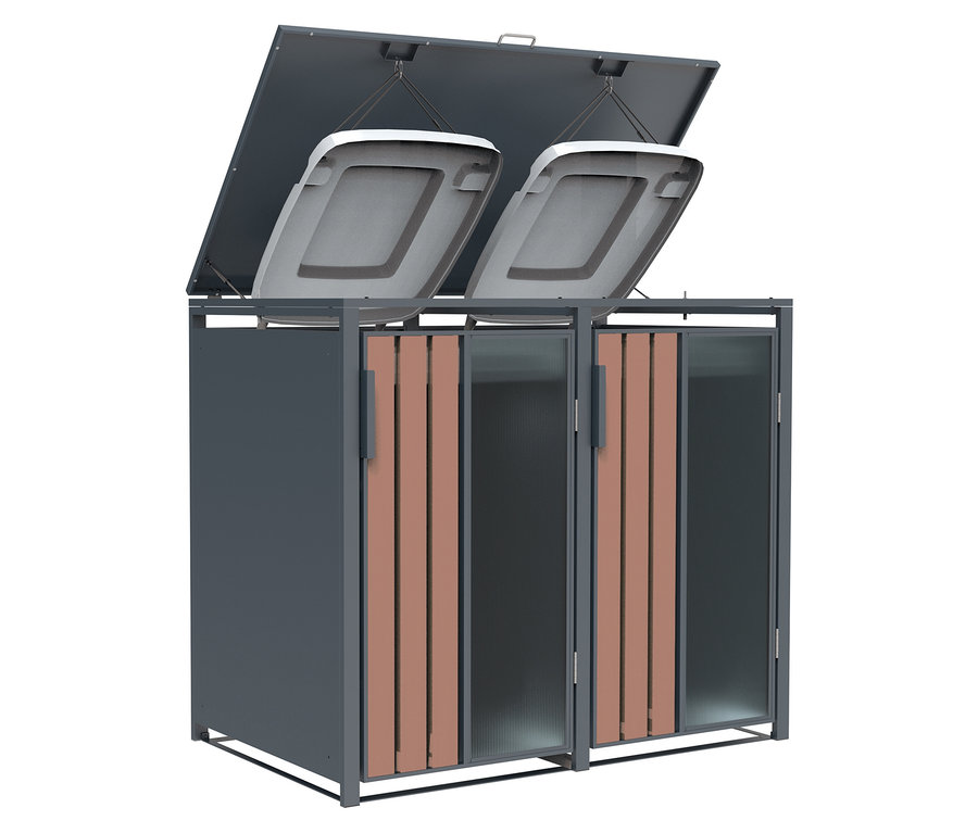 Offener grauer Mülltonnencontainer mit braunen Holzakzenten.