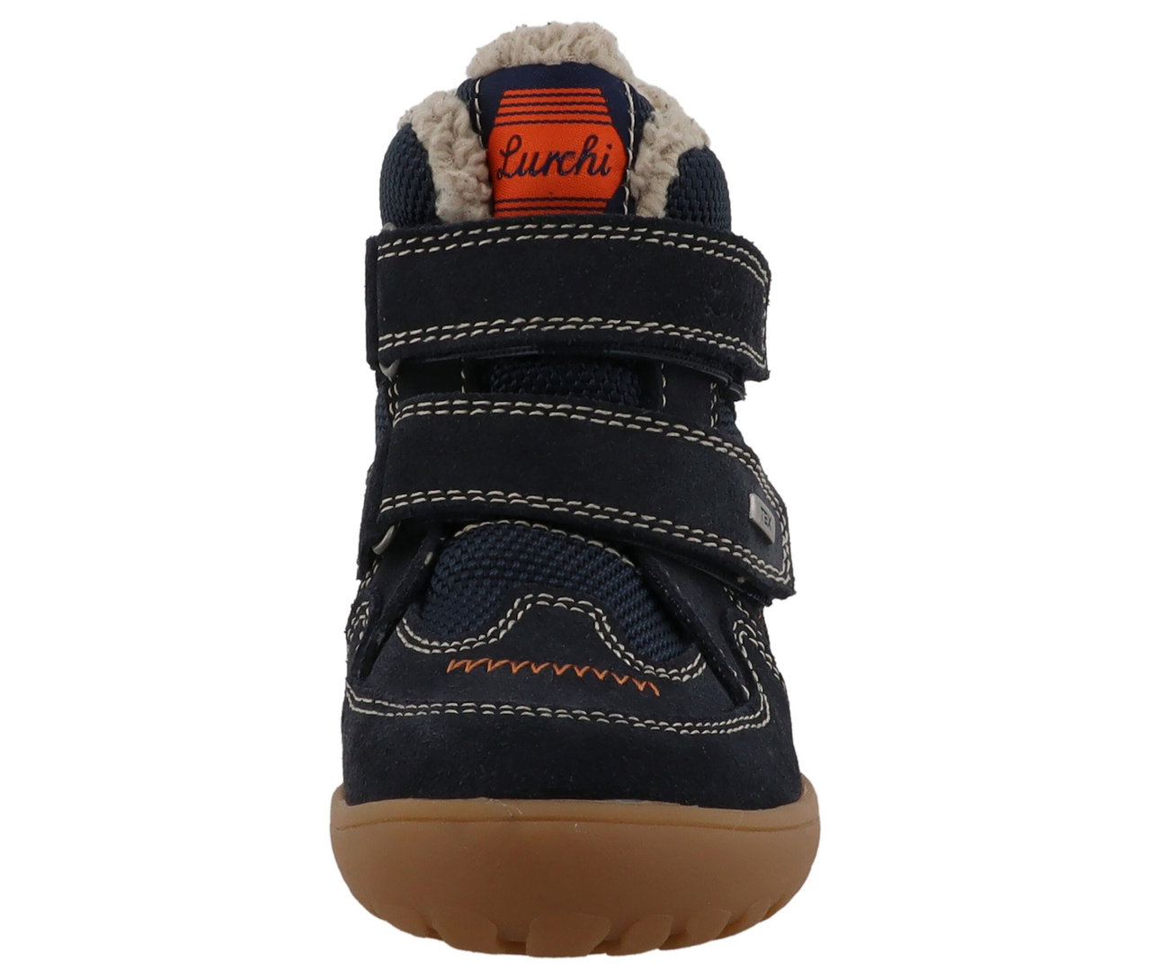 Detailansicht von vorne auf den dunkelblauen LURCHI »Juppy Barefoot-TEX« Barfußschuh für Kinder mit brauner Sohle und Klettverschluss.
