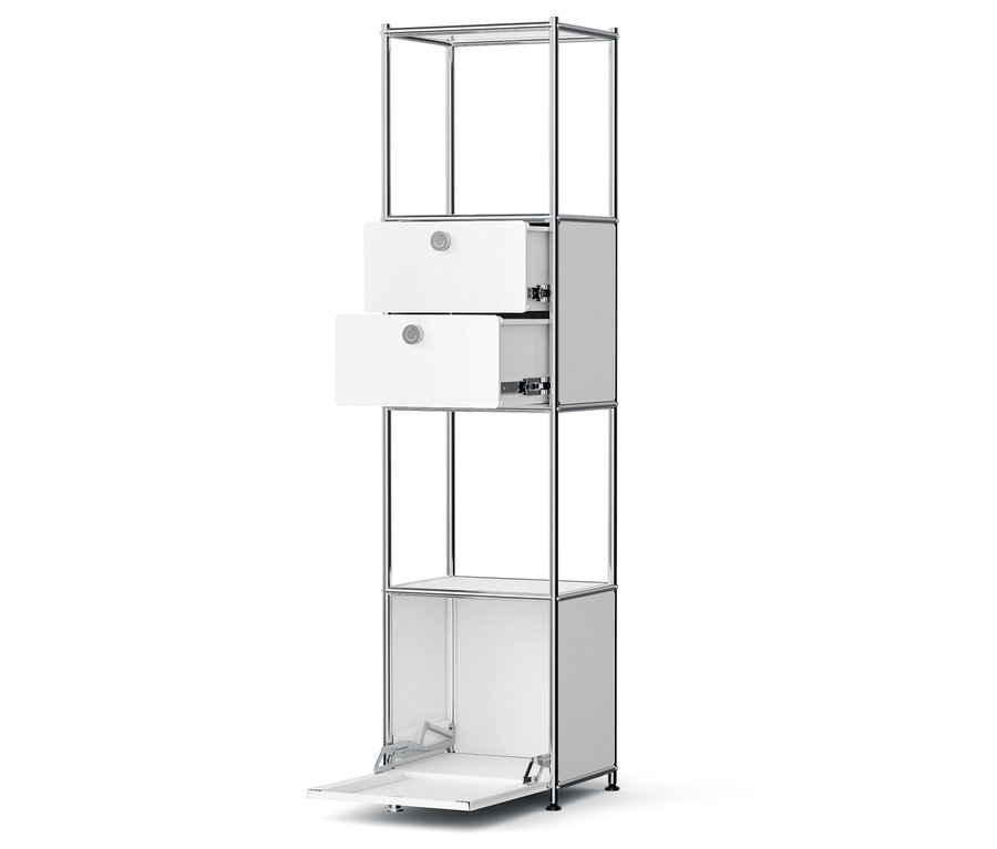 Weißes modulares Aufbewahrungssystem mit zwei Schubladen und einer Klapptür.