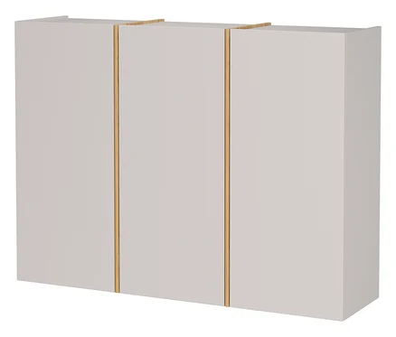 Ein Schrank mit drei Türen in Hellgrau mit dünnen goldenen Griffen in der Mitte jeder Tür.