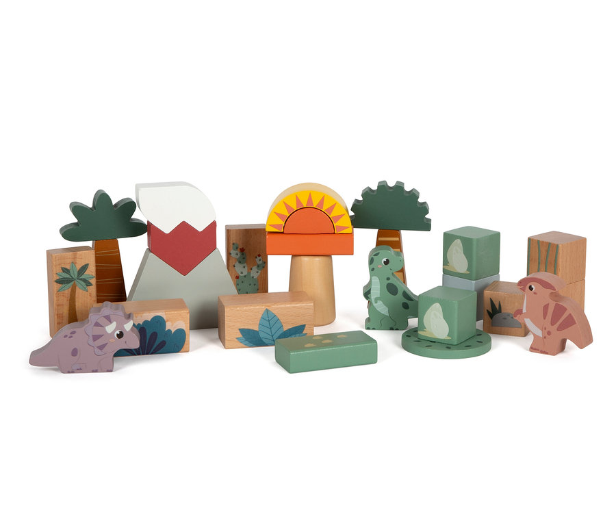 Ein Set aus Holzspielzeugen mit Dinosaurier-Motiven, inklusive Dinosaurierfiguren, Bäumen und einem Vulkan.