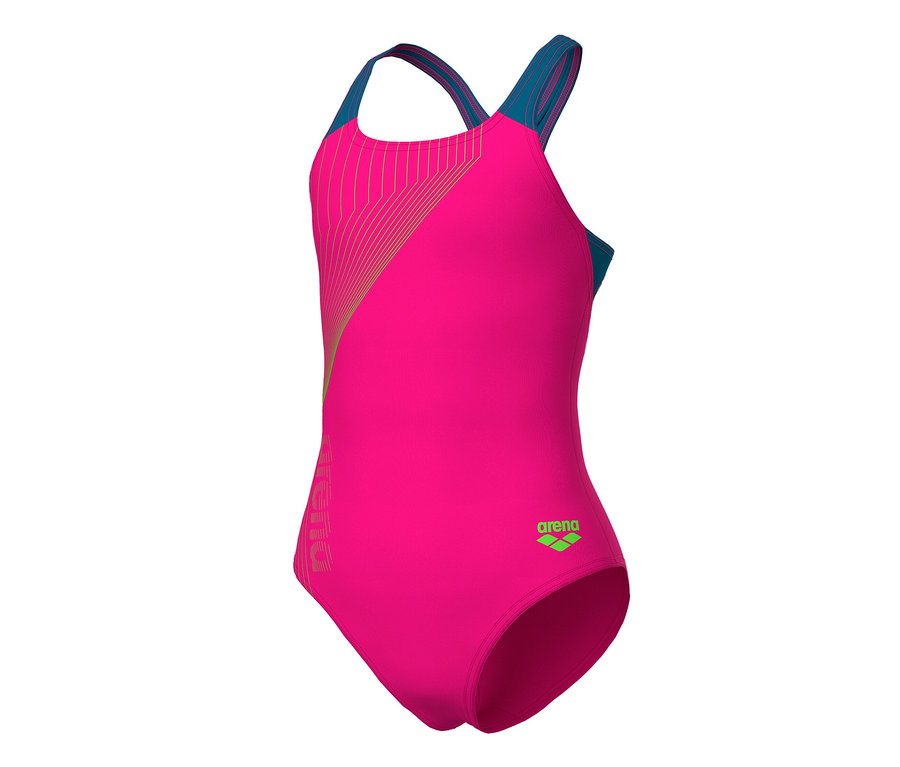 Arena Kinder-Badeanzug Swim Pro Back Graphic in Pink mit blauen Trägern und grünem Logo.