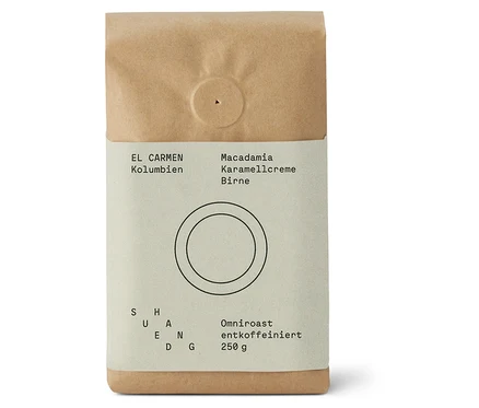 Eine Packung SUEDHANG - El Carmen Decaf Omni-Roast - 250 g Ganze Bohne Kaffee.