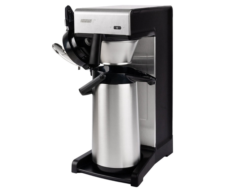 Silberfarbene Bravilor-Bonamat TH Spar-Set Kaffeemaschine mit schwarzen Elementen.