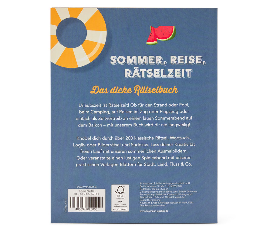 Cover des Buches "Sommer, Reise, Rätselzeit" mit Abbildungen einer Wassermelone und eines Rettungsrings.