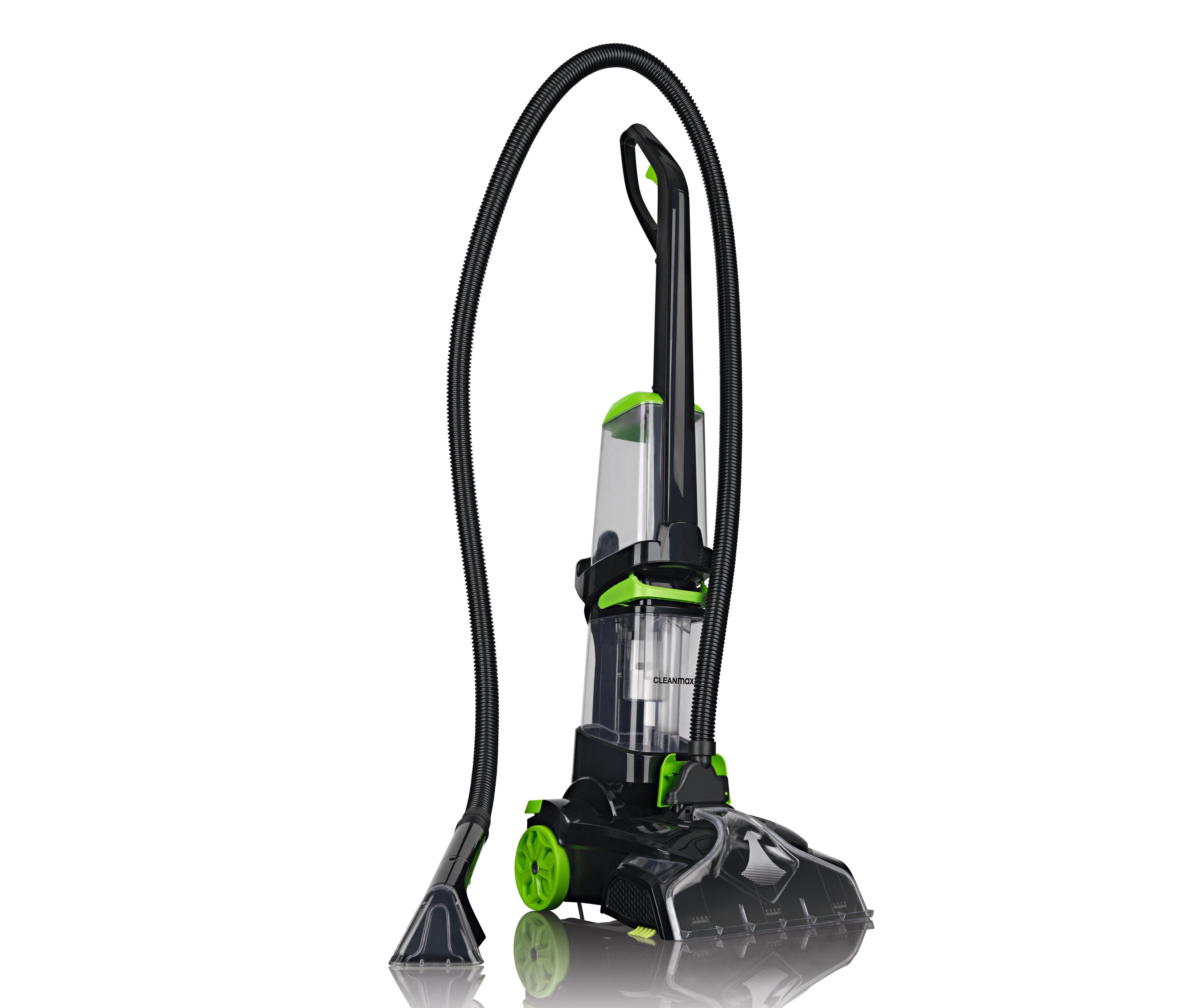 Schwarzer und grüner CLEANmaxx-Teppichreiniger "Professional" mit Schlauch und transparentem Wassertank.