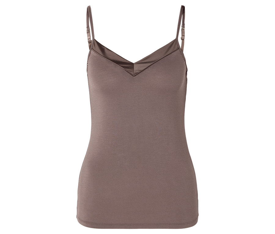 Braunes Tanktop mit Spaghettiträgern und V-Ausschnitt.