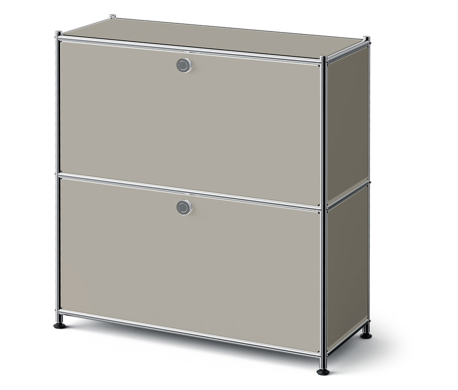 Zweistöckiger Schrank mit beigen Schubladen und silbernem Rahmen.