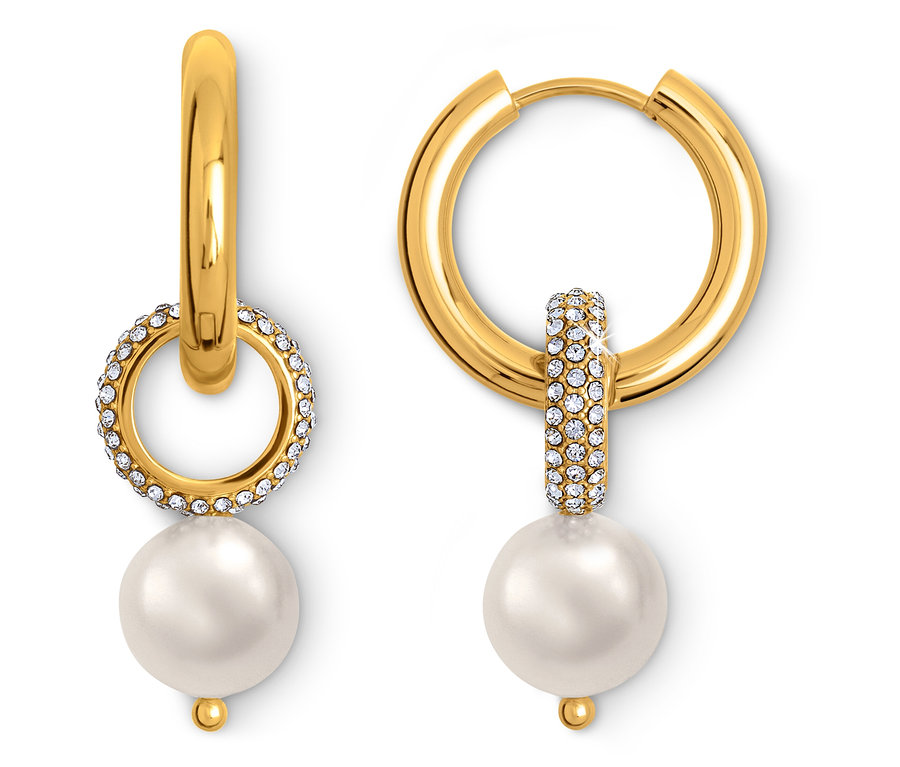 Zwei goldene Creolen-Ohrringe, einer mit einem kreisförmigen, kristallverzierten Element und einer Perle, der andere mit einem kristallverzierten Zylinder und einer Perle.