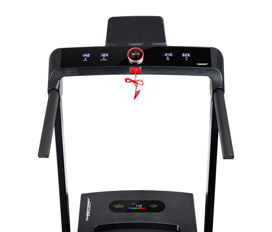 Detailansicht eines schwarzen Laufband 2 in 1 mit digitaler Anzeige und rotem Sicherheitsclip.