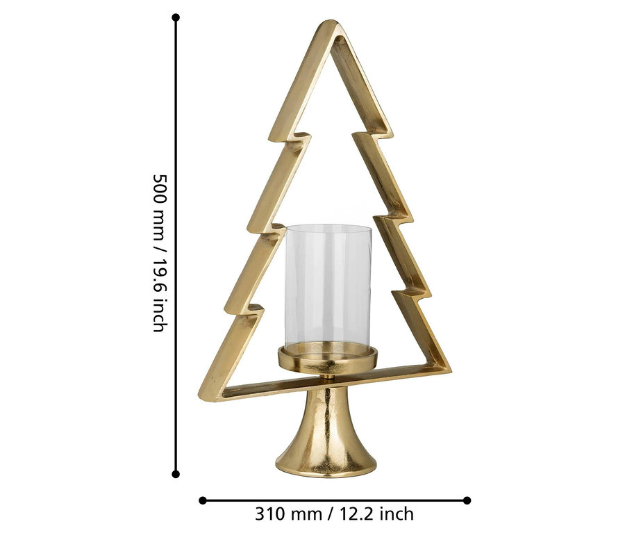 Goldener Eglo Mukayle Kerzenständer in Form eines Weihnachtsbaums, mit zylindrischem Glaseinsatz in der Mitte.