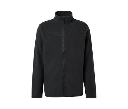 Eine anthrazitfarbene Fleecejacke mit Reißverschluss in der Mitte.