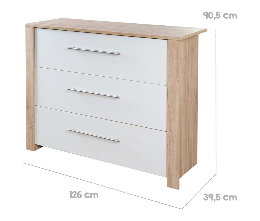 Kommode mit drei Schubladen in hellem Holz und Weiß.