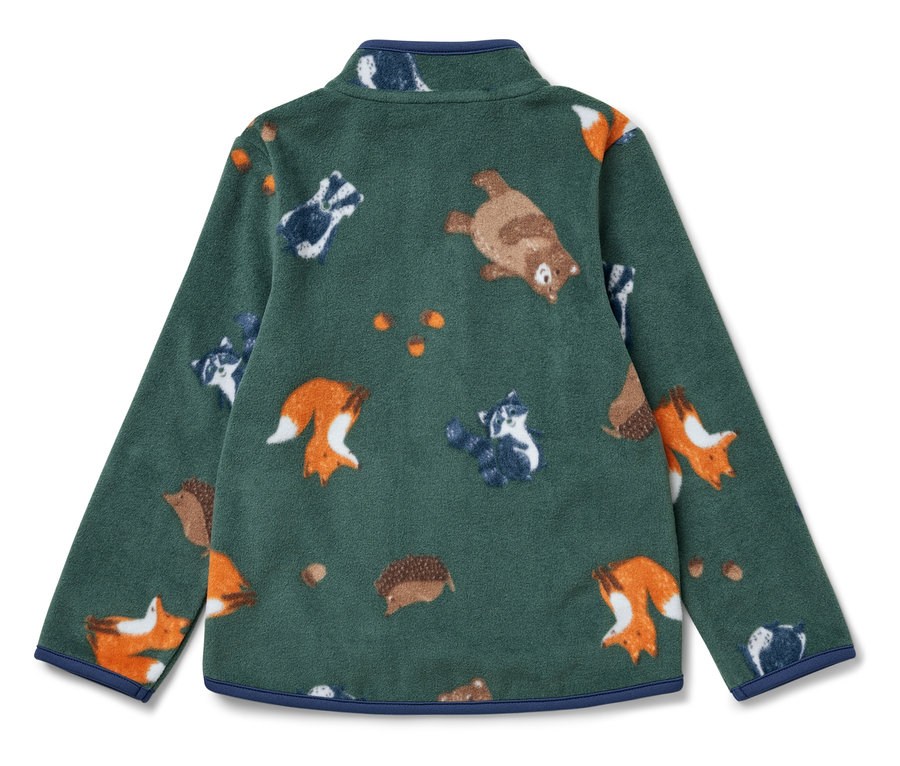 Grüne Fleecejacke mit Reißverschluss und Aufdruck von Füchsen, Igeln, Waschbären und Dachsen.