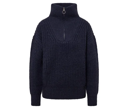 Marineblauer Strickpullover mit Rollkragen und Reißverschluss.