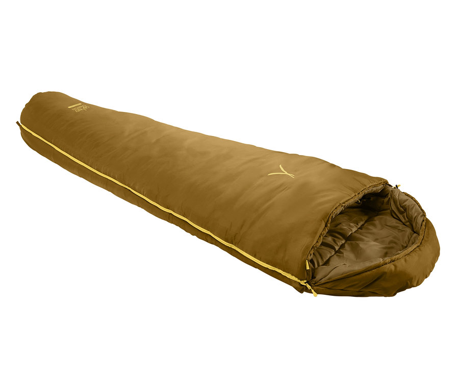 Ein Grand Canyon Mumienschlafsack »Kansas 190« in Dried Tobacco Farbe, teilweise geöffnet mit gelbem Reissverschluss.
