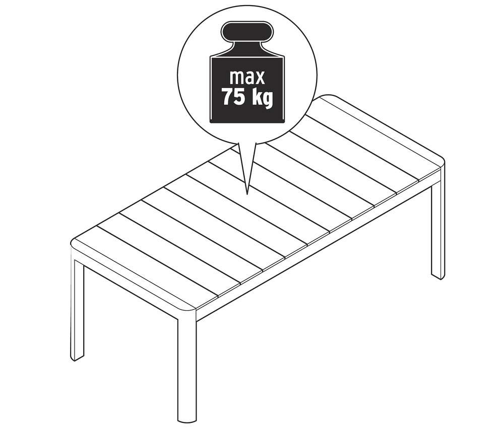 Eine schematische Darstellung eines Ausziehtisches mit Polywood-Tischplatte, der eine maximale Belastung von 75 kg aushält.