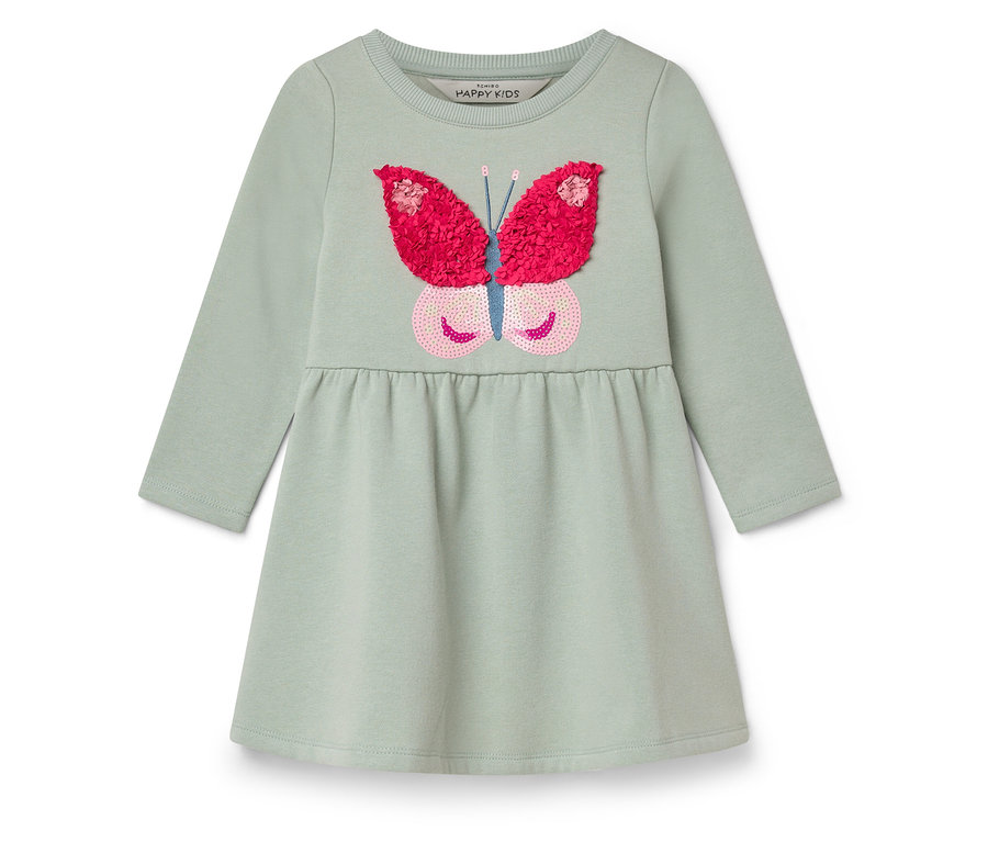 Hellgrünes Kinderkleid mit langen Ärmeln und Schmetterlingsapplikation.