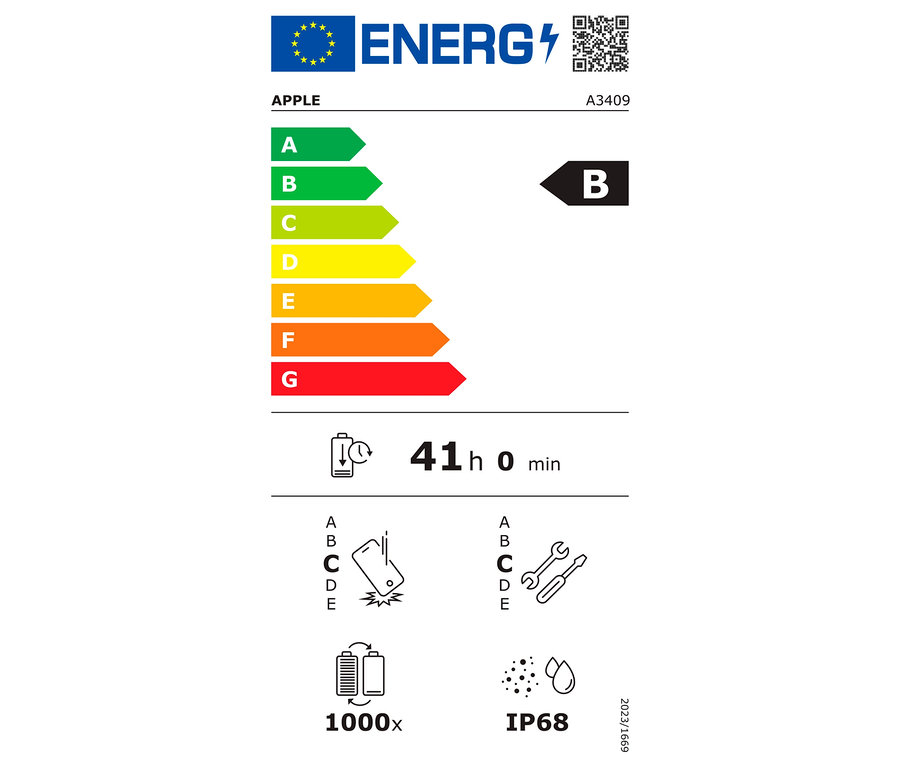 Energielabel mit B-Klasse, 41 Stunden und weiteren Spezifikationen. Das Label gehört zu einem Apple iPhone 16e 128 GB Schwarz.