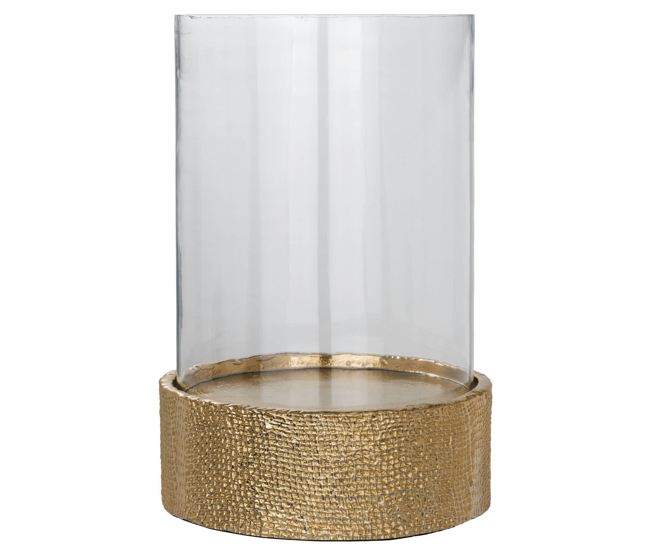 Ein klares Glaswindlicht mit goldenem, strukturiertem Sockel, Eglo Kanmaw Windlicht, groß.