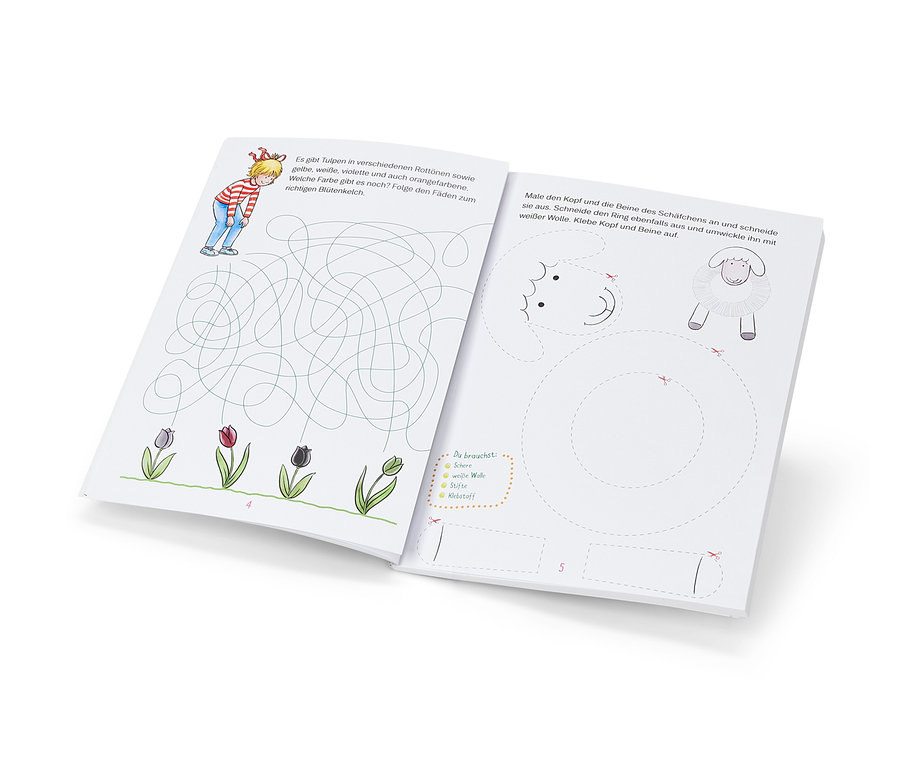 Offenes Buch »Mein fröhlicher Conni-Frühlingsspaß« mit Illustrationen und Text.