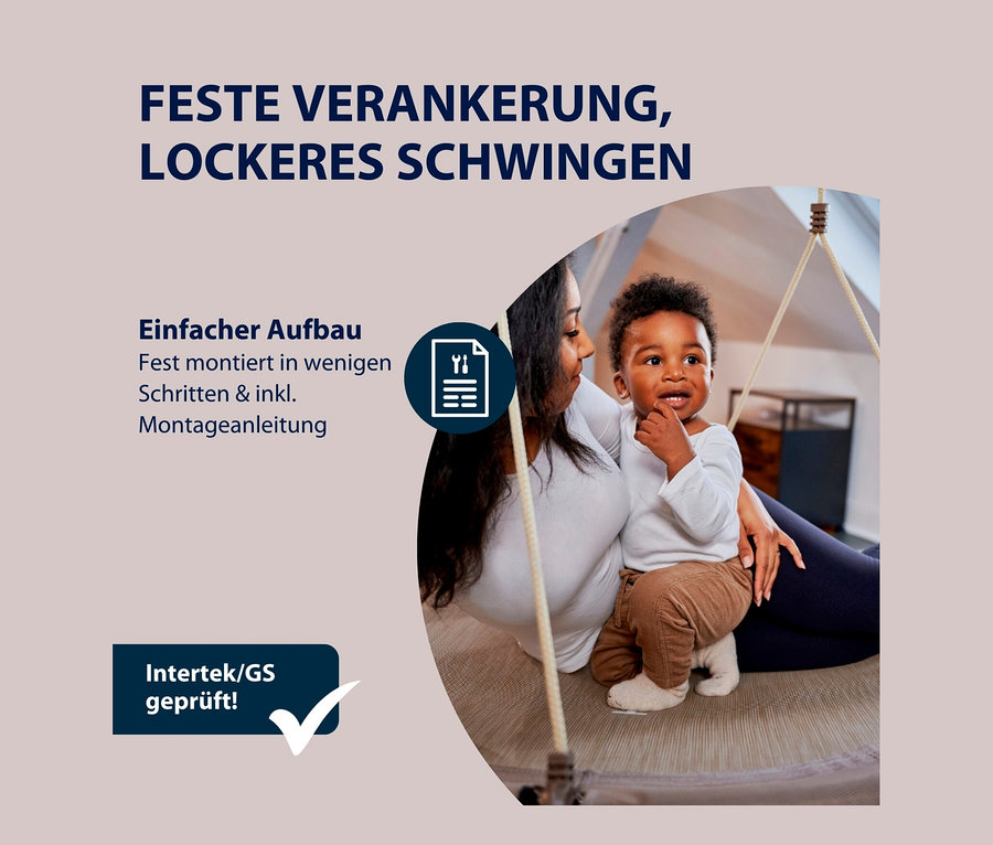 Frau mit Kind sitzt in beiger HUDORA Nestschaukel »Lounge«, Ø 90 cm.