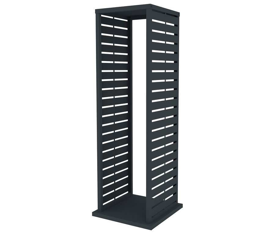Dunkelgraues, rechteckiges Regal mit horizontalen Schlitzen.