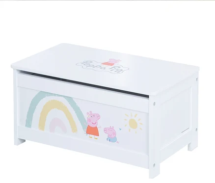 Weisse Spielzeugkiste mit Peppa Pig Abbildungen und Regenbogen.