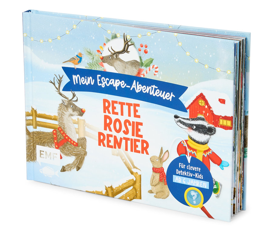 Buchcover mit winterlicher Illustration, Titel "Rette Rosie Rentier".