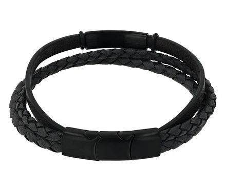 Nahaufnahme eines schwarzen Armbands mit zwei Reihen, einer glatten und einer geflochtenen, mit einem matten schwarzen Verschluss.
