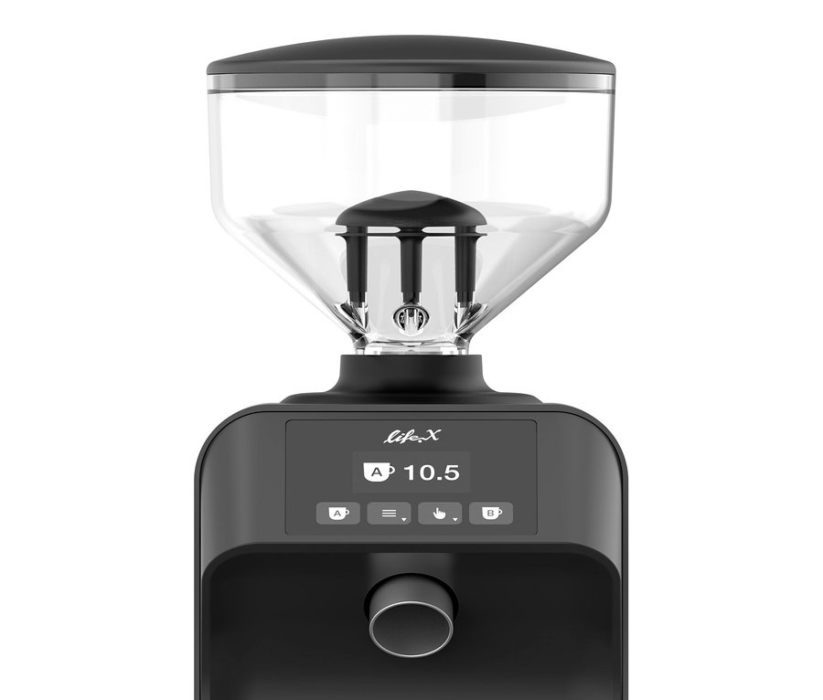 Nahaufnahme einer LifeAX Kaffeemühle vor einem weißen Hintergrund.