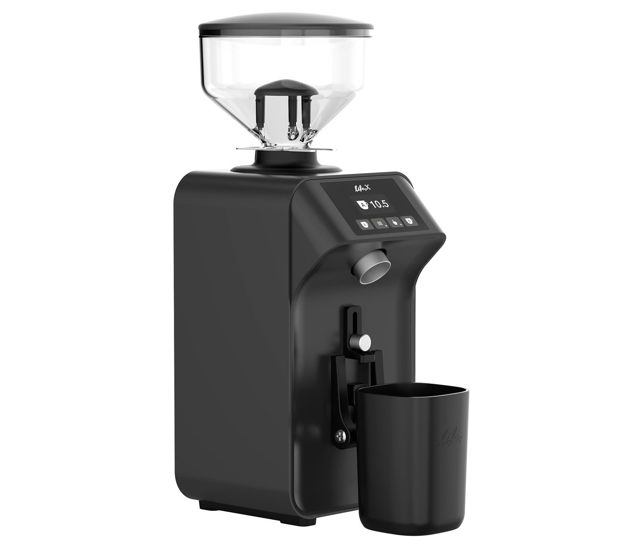 Schwarze Kaffeemühle mit digitalem Display und einem Behälter darunter.