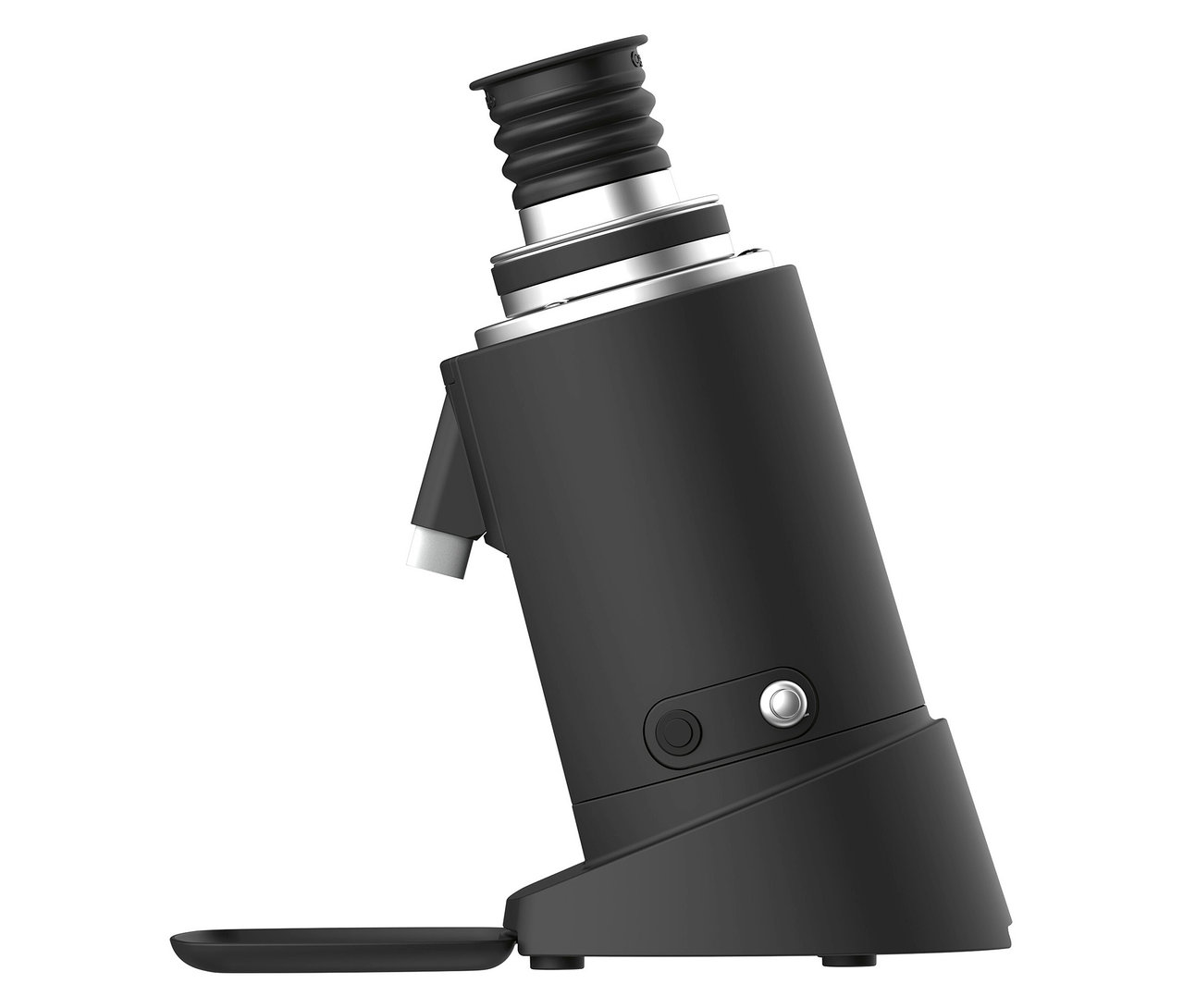 Schräg aufgenommen ist eine schwarze Kaffeemühle mit einem Auffangbehälter an der Unterseite.