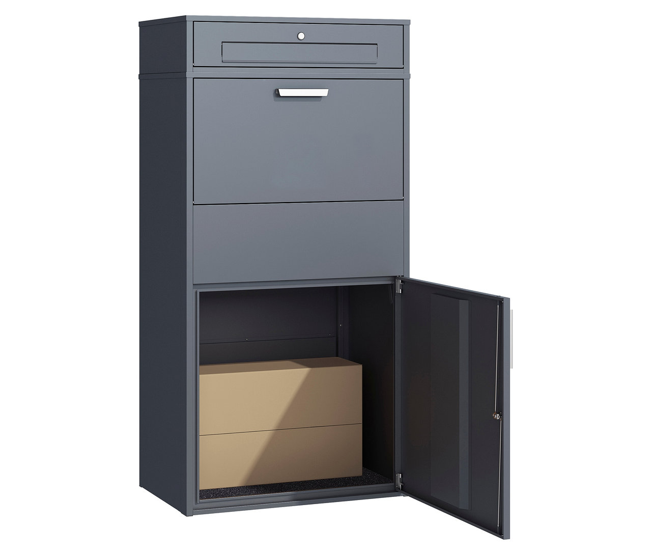 Graue Paketbox XXL mit geöffneter Tür und zwei Kartons darin.