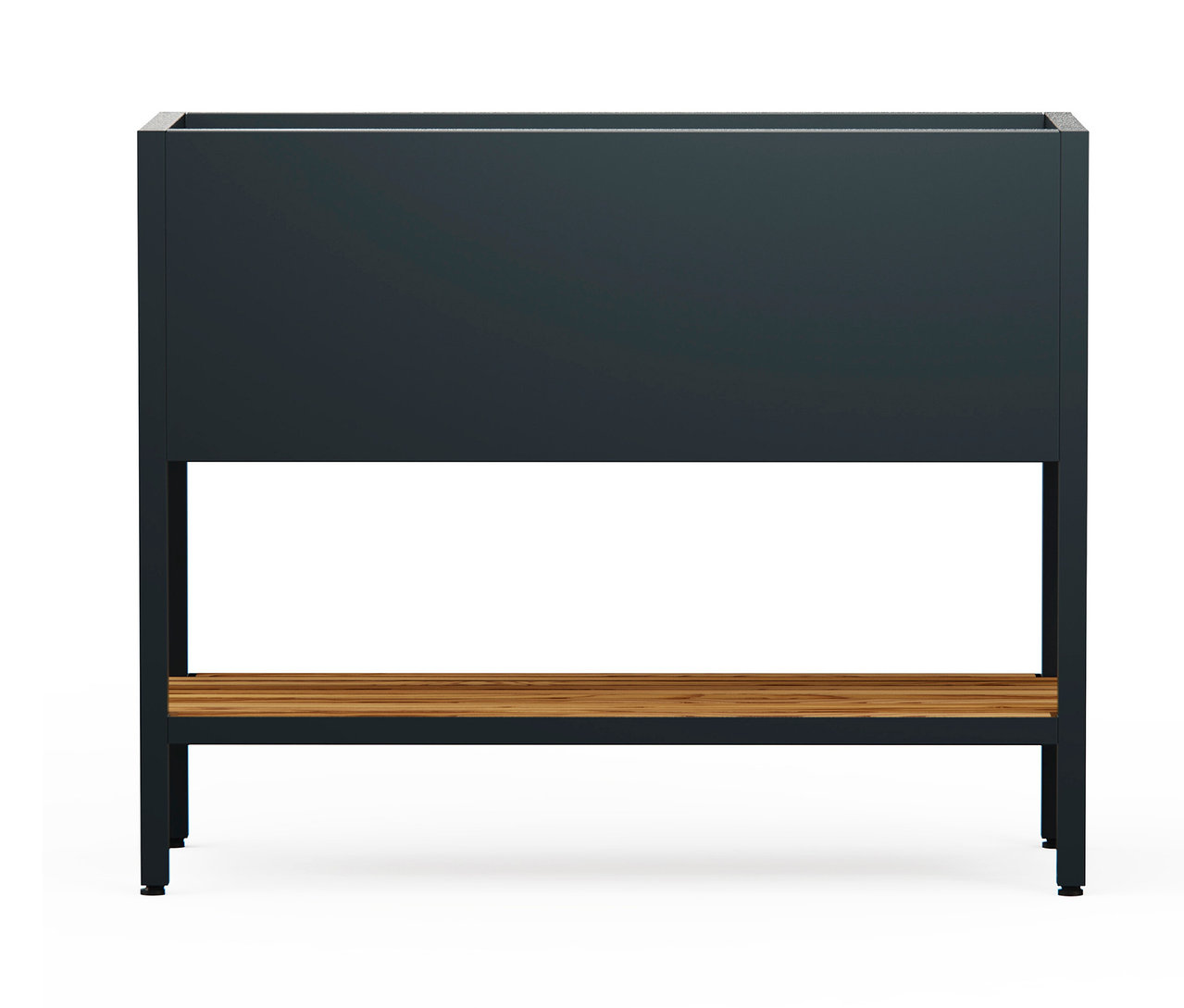 Ein dunkelblauer Pflanzkasten mit einem Holzregal ist auf einem weißen Hintergrund zu sehen.