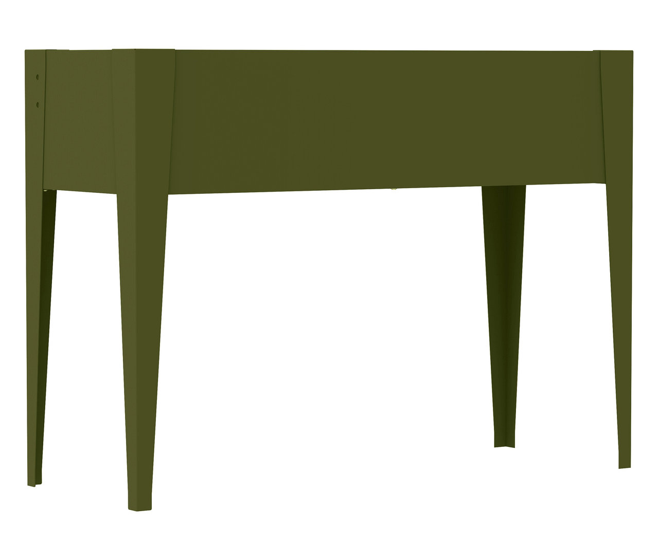 Ein olivgrüner Pflanzkasten mit vier Beinen steht auf einem weißen Hintergrund.