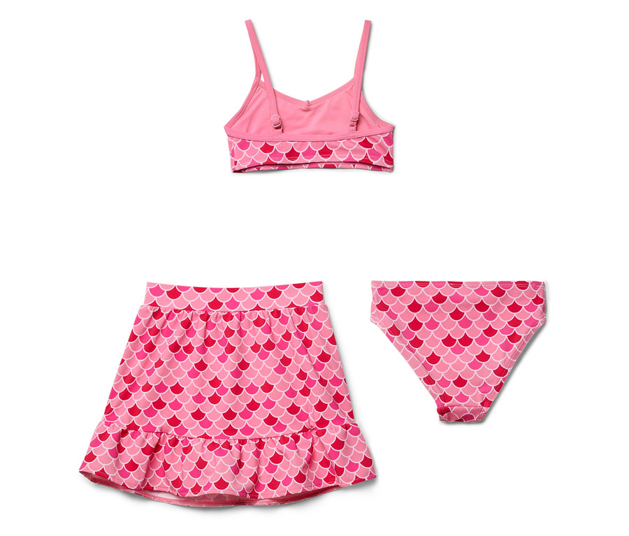 Rosa Badeanzug-Set mit Fischschuppenmuster, bestehend aus Oberteil, Badehose und Rock.
