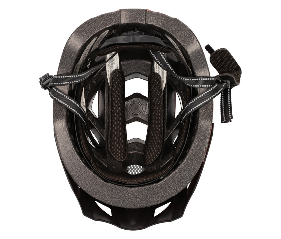 Innenansicht eines Fahrradhelms in Schwarz und Grau mit verstellbaren Riemen.
