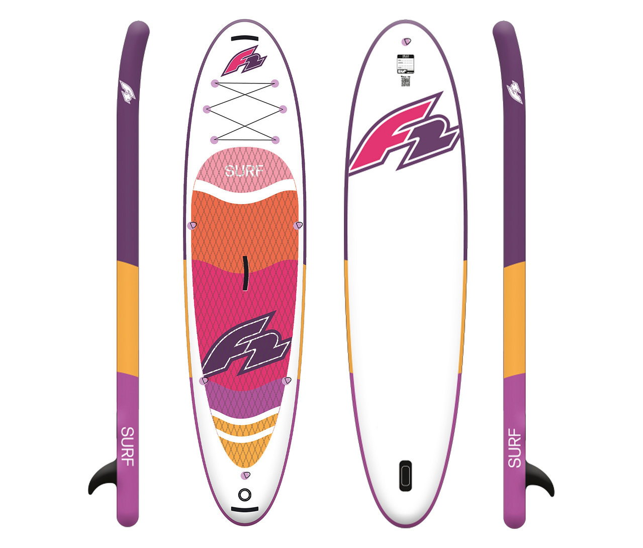 Das F2 SUP-Board »Surf« in Weiß mit pinkfarbenem Logo und lila Akzenten wird von vorne und von hinten gezeigt.
