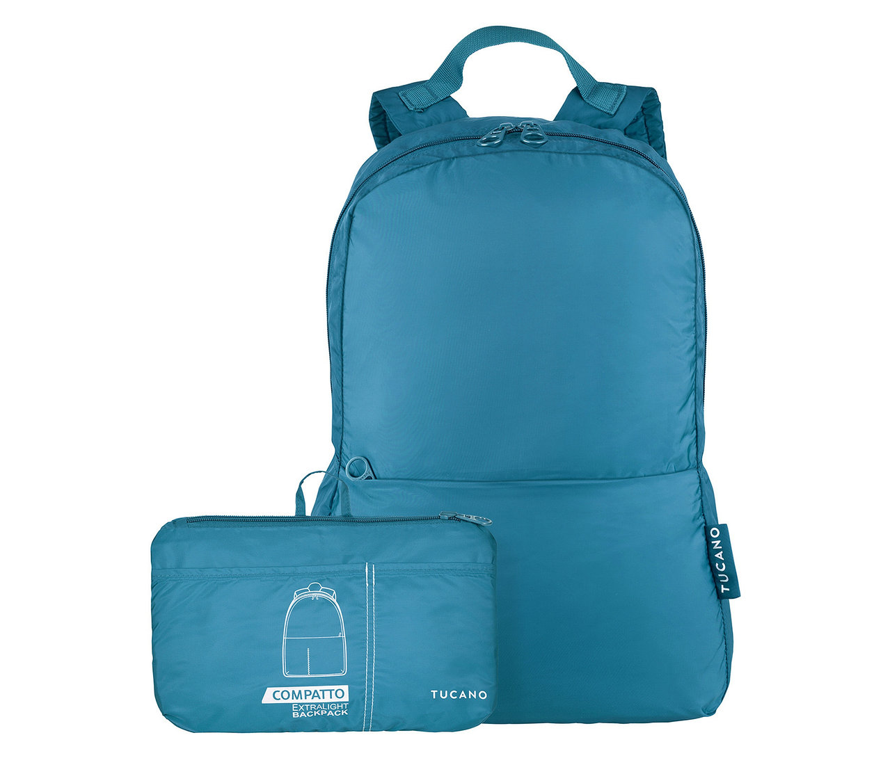 Petrolfarbener Tucano Rucksack »Compatto Eco« und die dazugehörige, zusammengefaltete Tasche liegen nebeneinander.
