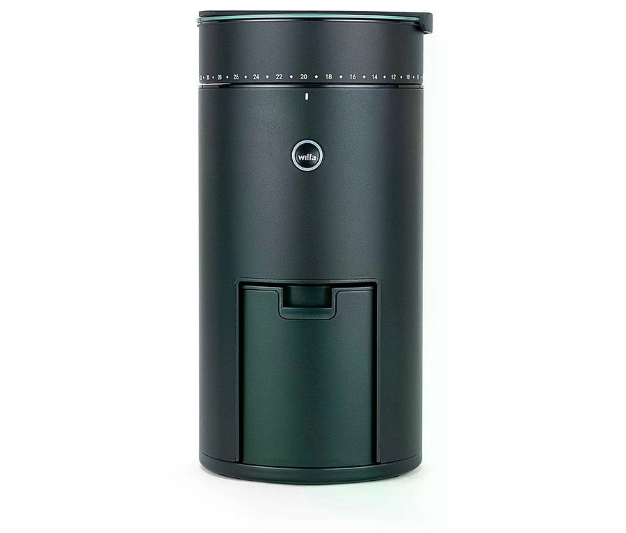 Schwarze zylindrische Wilfa Uniform Evo CG4B-S150 Kaffeemühle mit Waage, mit Mahlgradeinstellungen von 1 bis 28 oben und einem Ausgabefach vorne.