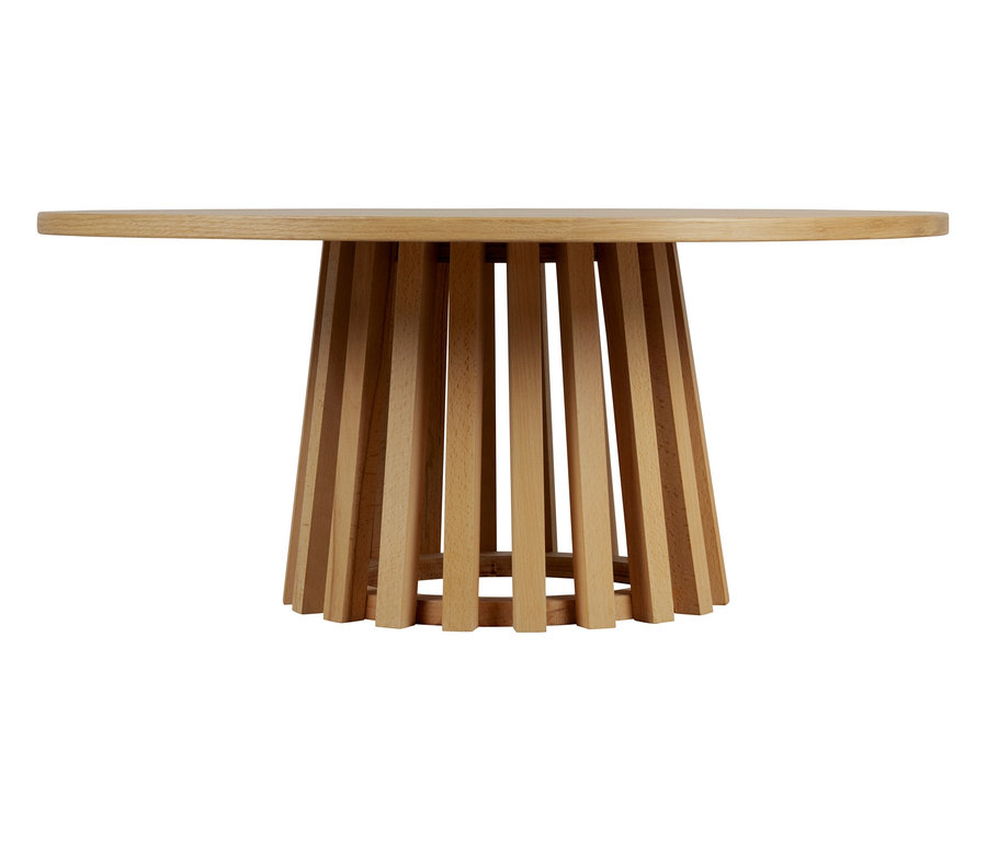 Runder Holztisch mit Lattenfuß.