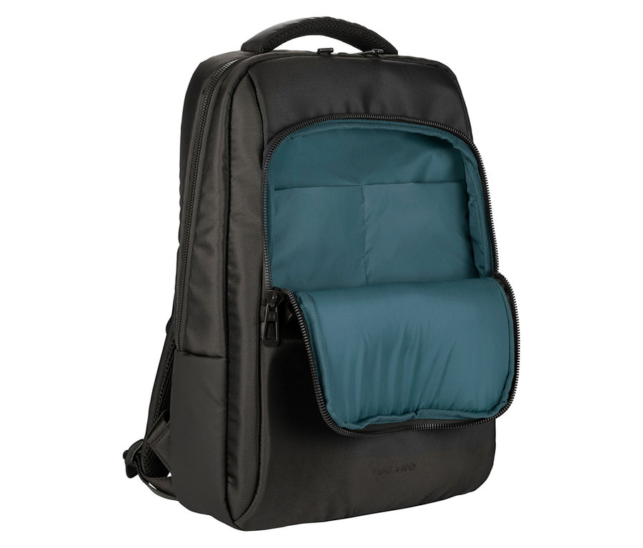Schwarzer Rucksack mit offenem Hauptfach und blauem Innenfutter.
